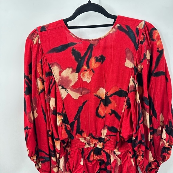 BAND OF THE FREE Dolly red floral puff sleeve woman mini bohemian dress NWT M - Picture 3 of 14